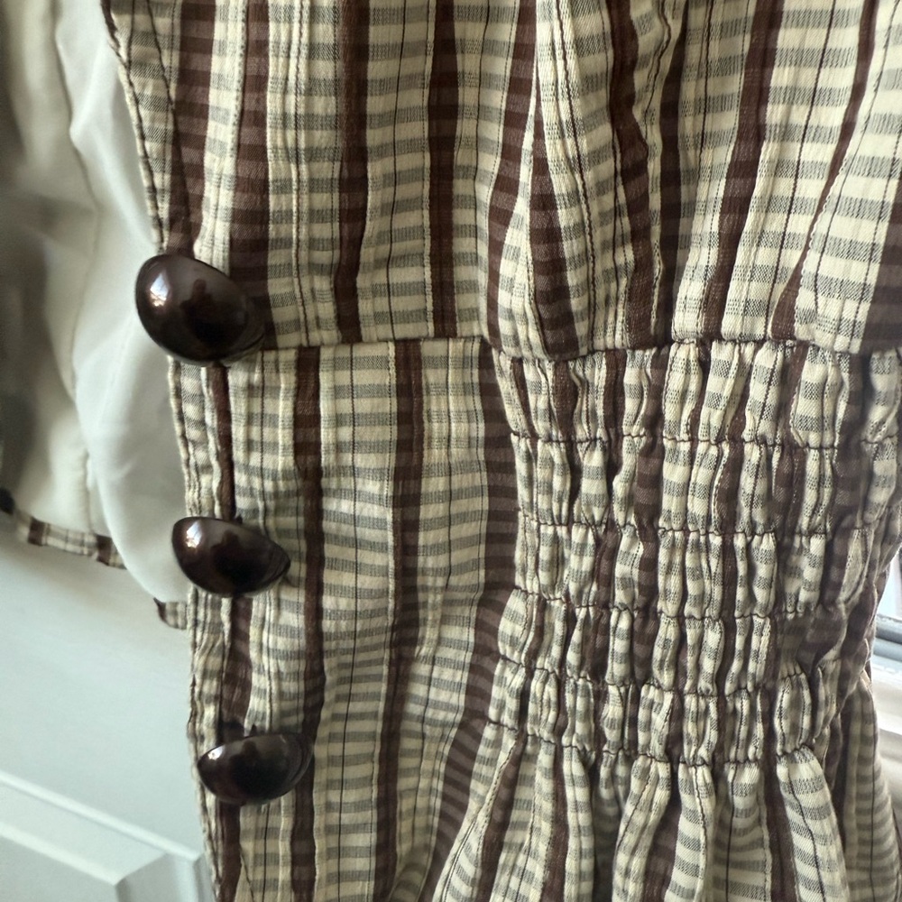 Women's Brown and Cream Striped Short-Sleeve Peplum Blouse - Picture 8 of 8